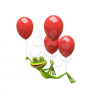 3D Illustration Frog Flies on Red Balloons on a White Background