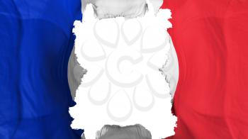 Ripped France flying flag, over white background, 3d rendering