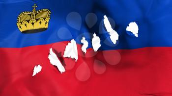 Principality of Liechtenstein flag perforated, bullet holes, white background, 3d rendering