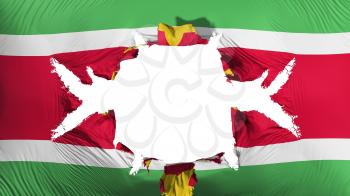 Suriname flag with a big hole, white background, 3d rendering