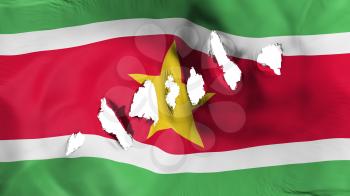 Suriname flag perforated, bullet holes, white background, 3d rendering