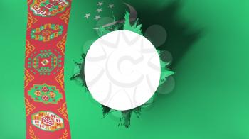 Hole cut in the flag of Turkmenistan, white background, 3d rendering