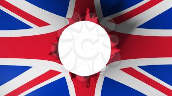 Hole cut in the flag of United Kingdom UK, white background, 3d rendering