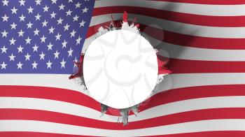 Hole cut in the flag of United States of America, white background, 3d rendering
