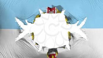 Riga city, capital of Latvia flag with a big hole, white background, 3d rendering
