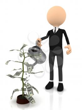 Royalty Free Clipart Image of a Man Watering a Money Plant