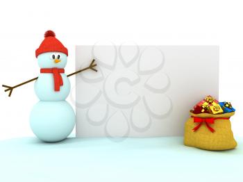 Royalty Free Clipart Image of a Snowman With a Bag of Presents