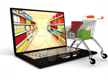 Royalty Free Clipart Image of a Laptop and Shopping Cart