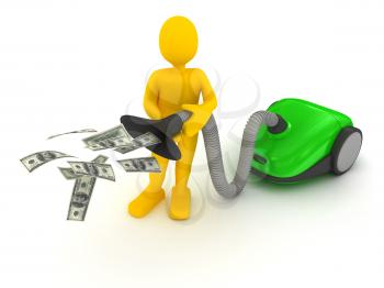 Royalty Free Clipart Image of a Person Vacuuming Money