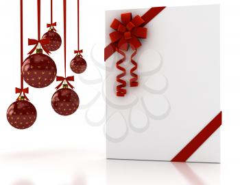 Royalty Free Clipart Image of a Greeting Card and Christmas Ornaments