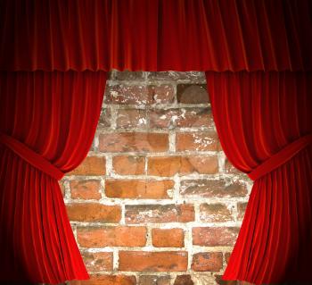 Royalty Free Clipart Image of Red Curtains Over a Brick Wall