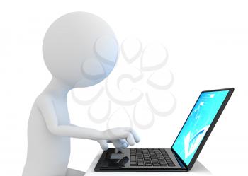 3d character Working on computer. On white background