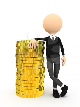 3d person with gold coins over white background. computer generated