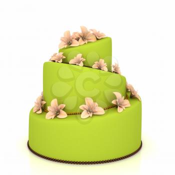 Weddind cake with flowers over white. Computer generated image