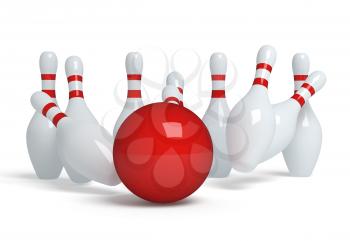 Bowling ball crashing into the pins. 3d render illustration