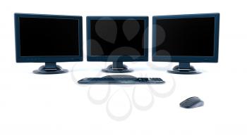 three lcd screens with keyboard and mouse on white background