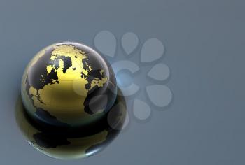 3d metal globe on a reflective black ground