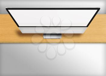 Modern computer monitor with blank screen on wooden desk and grey background. Front view from the top. Highly detailed illustration.