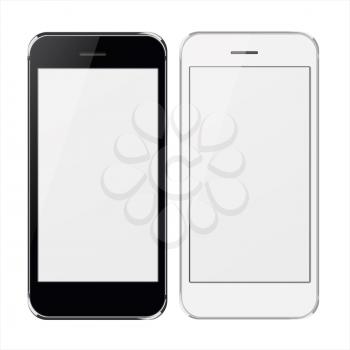 Realistic black and white mobile phones with blank screen isolated on white background. Highly detailed illustration.
