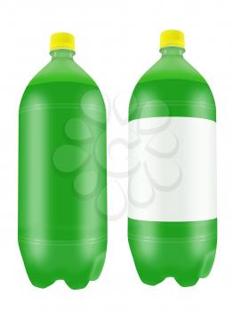 Refreshing green soda drink in two liter plastic bottles isolated on white background. Highly detailed illustration.