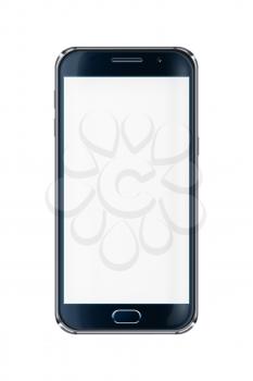 Realistic mobile phone with blank screen isolated on white background. Highly detailed illustration.