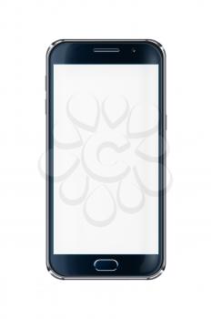 Realistic mobile phone with blank screen isolated on white background. Highly detailed illustration.