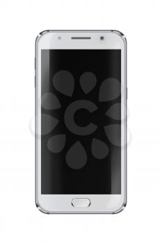 Realistic mobile phone with black screen isolated on white background. Highly detailed illustration.