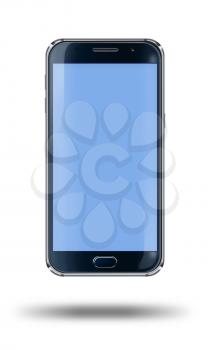 Realistic mobile phone with blue screen and shadows isolated on white background. Highly detailed illustration.