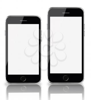 Mobile smart phones with white screen isolated on white background. Highly detailed illustration.