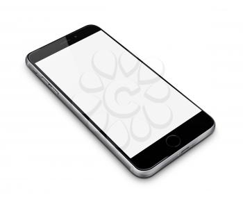 Realistic mobile phone with blank screen isolated on white background. Highly detailed illustration.