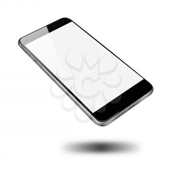 Realistic mobile phone with blank screen isolated on white background. Highly detailed illustration.