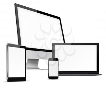 Computer monitor, mobile phone, laptop and tablet pc with blank screen isolated on white background. Highly detailed illustration.