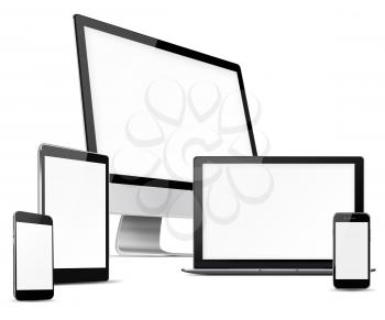 Computer monitor, mobile phone, laptop and tablet pc with blank screen isolated on white background. Highly detailed illustration.