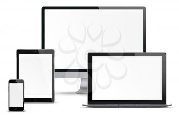 Computer monitor, mobile phone, smartphone, laptop and tablet pc with blank screen isolated on white background. Highly detailed illustration.