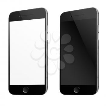 Modern mobile smart phones with white and blank screen isolated on white background. Highly detailed illustration.