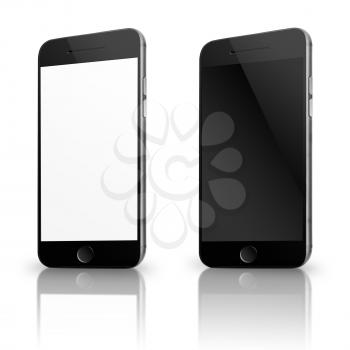 Modern mobile smart phones with white and blank screen isolated on white background. Highly detailed illustration.