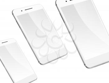 Mobile smart phones with blank screens isolated on white background. Highly detailed illustration.