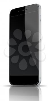 Realistic mobile phone with black screen, shadows and reflections isolated on white background. Highly detailed illustration. 