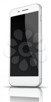 Realistic mobile phone with black screen, shadows and reflections isolated on white background. Highly detailed illustration.