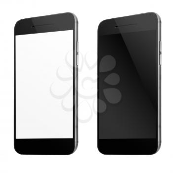 Modern mobile smart phones with white and blank screen isolated on white background. Highly detailed illustration.