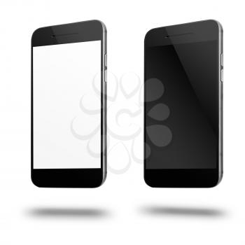 Modern mobile smart phones with white and blank screen isolated on white background. Highly detailed illustration.