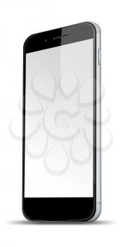 Realistic mobile phone with blank screen and shadows isolated on white background. Highly detailed illustration.