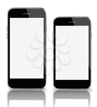 Mobile smart phones with white screen isolated on white background. Highly detailed illustration.
