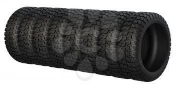 New rubber tires for car isolated on white background. 3D rendering. 