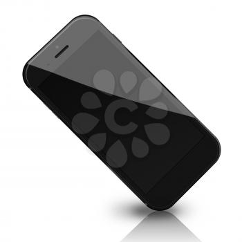 Smart phone with black screen, shadows and reflections isolated on white background. 3D illustration.