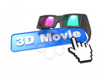 Web Button 3D Movie with Cursor and Anaglyph Glasses. 3D movie Concept.