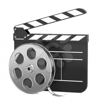 Clapboard and Film Reel, Setting Next to Each Other. On white Background.