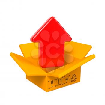 Open Color Cardboard Box with Red Arrow. For Design.