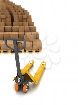 Cardboard Boxes on Pallet Truck Isolated on White