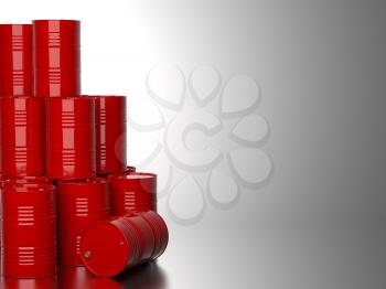 Bunch of Red Barrels for Oil on Gray Background. 3D Render.